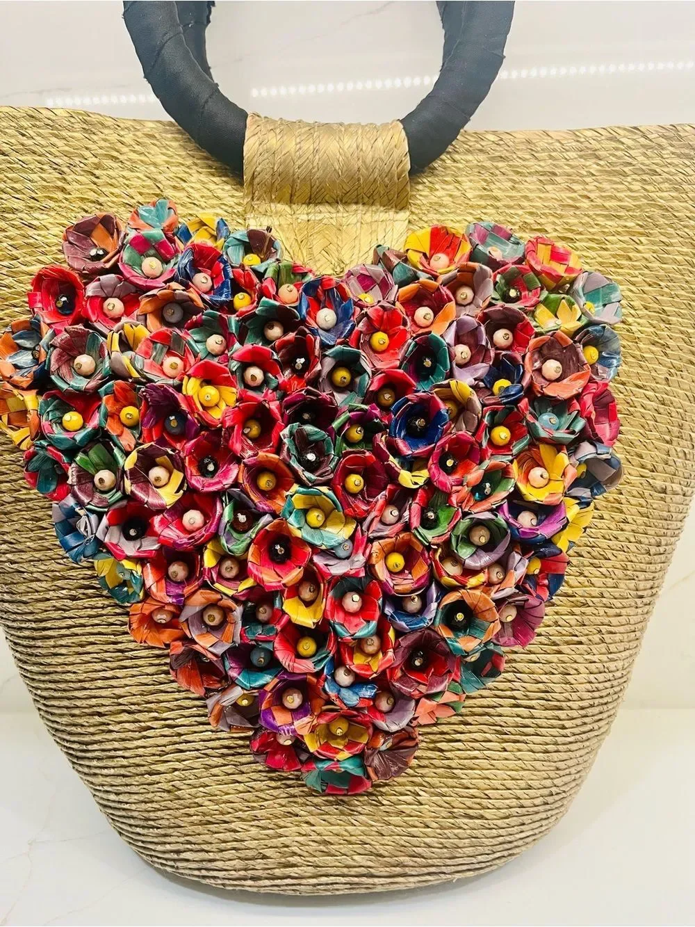 Floral Heart Straw Tote Bag | Handmade Statement Beach Market Bag